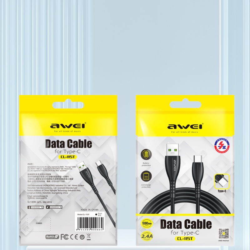 AWEI  CL-115T USB to type-c 2.4A數據綫 1M,黑  數據線/傳輸線