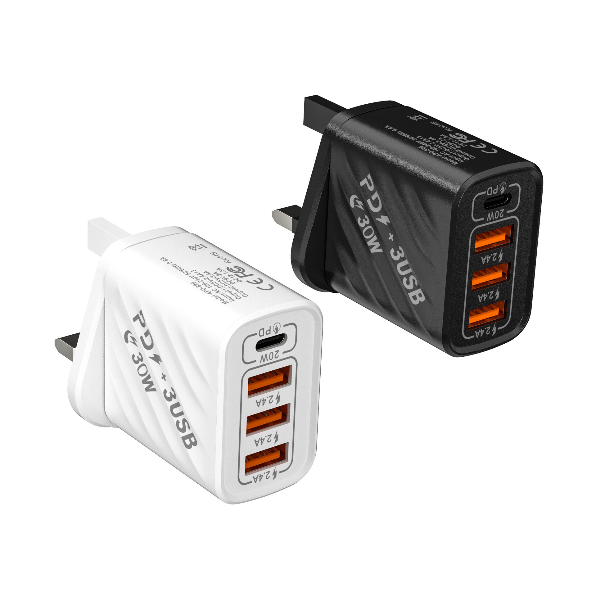 斜紋3USB+PD英規充電器 插頭